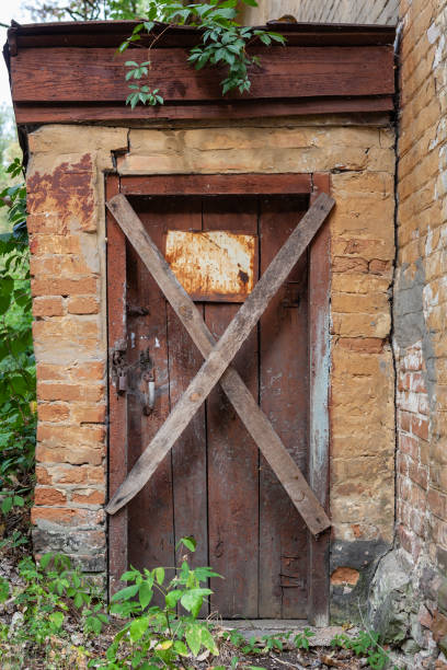 istock Old building with wooden door and brick wall. 1256055211