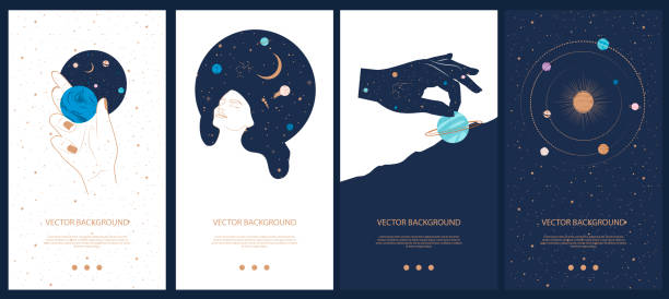Collection of space and mysterious illustrations for stories templates Collection of space and mysterious illustrations for stories templates, Mobile App, Landing page, Web design in hand drawn style. Magic, occultism and astrology concept. alchemy illustrations stock illustrations