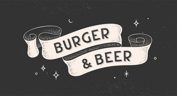 illustrations, cliparts, dessins animés et icônes de burger et bière. ruban vintage - bar food illustrations