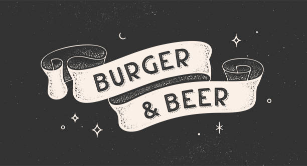 햄버거와 맥주. 빈티지 리본 - bar food illustrations stock illustrations
