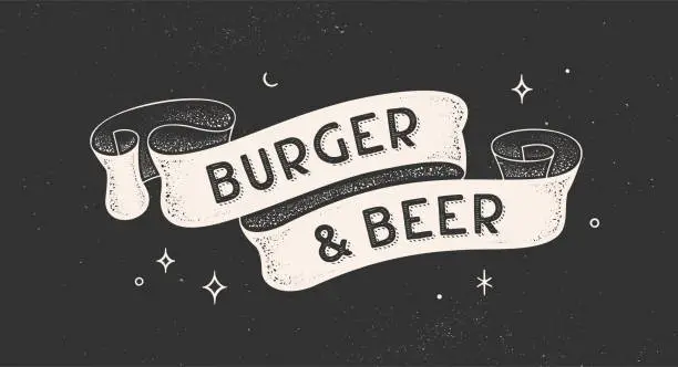 Vector illustration of Burger and Beer. Vintage ribbon