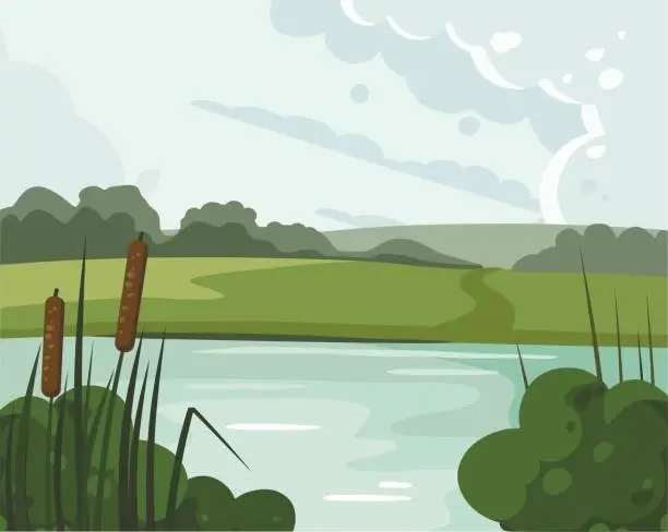 Vector illustration of River landscape with reed. Nature illustration