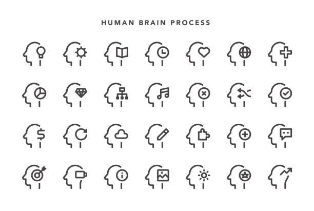 ilustraciones, imágenes clip art, dibujos animados e iconos de stock de iconos del proceso cerebral humano - symbol expertise brain power