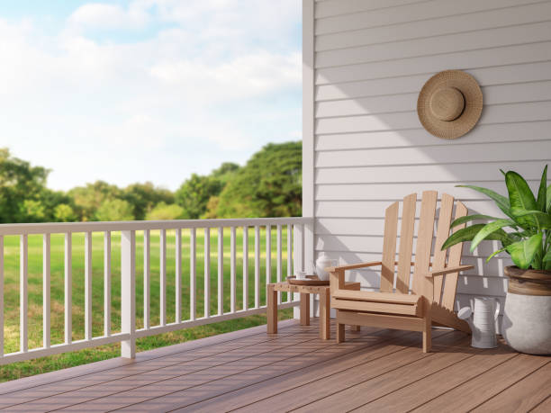 istock Vintage style wood terrace with blurry nature view 3d render 1256057308