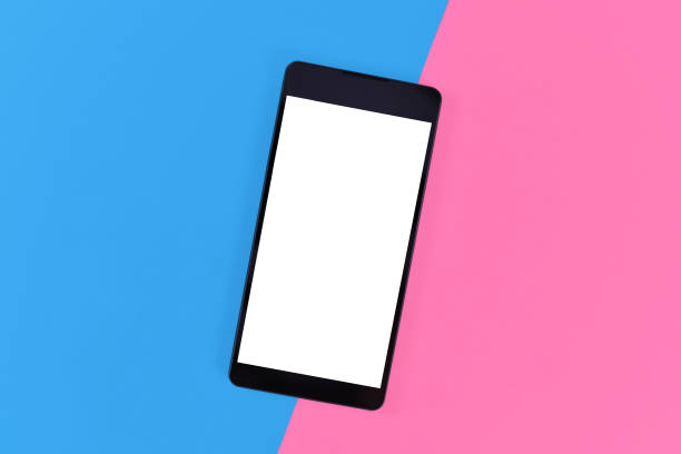 istock Black smart phone with empty black screen on pink and blue background 1256057362