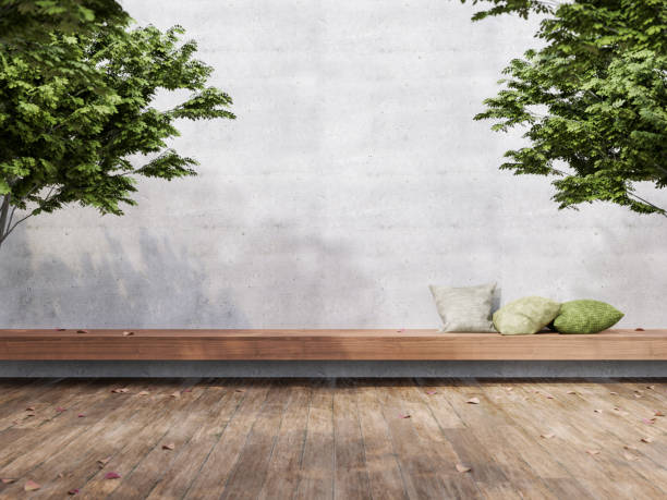 Minimal loft style outdoor terrace 3d render Minimal loft style outdoor terrace 3d render,There are wooden floors, empty concrete walls decorate with long wood bench and green pillow garden stock pictures, royalty-free photos & images