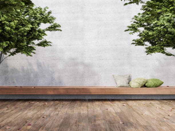 Minimal loft style outdoor terrace 3d render Minimal loft style outdoor terrace 3d render,There are wooden floors, empty concrete walls decorate with long wood bench and green pillow building terrace stock pictures, royalty-free photos & images