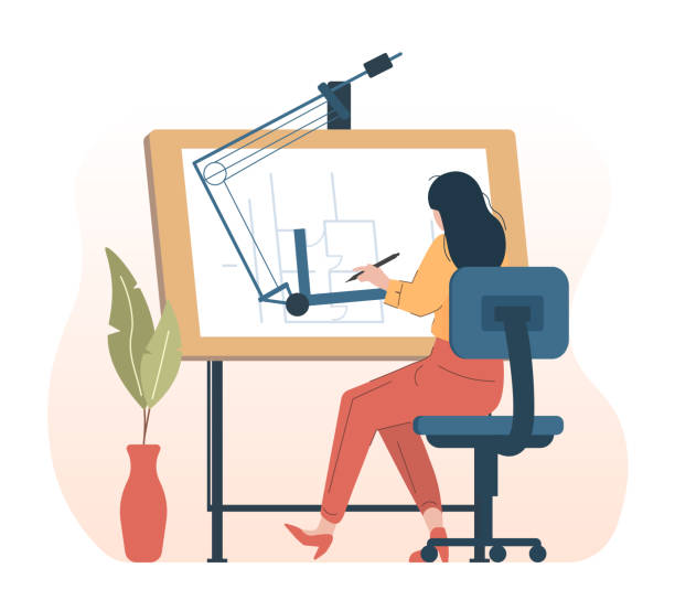 ilustrações de stock, clip art, desenhos animados e ícones de woman architect working on architecture project with drawing board - interior designer