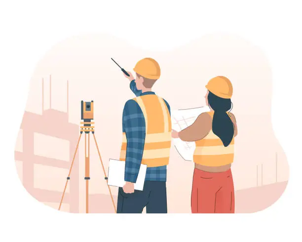 Vector illustration of Surveyor engineer with theodolite looking at construction site