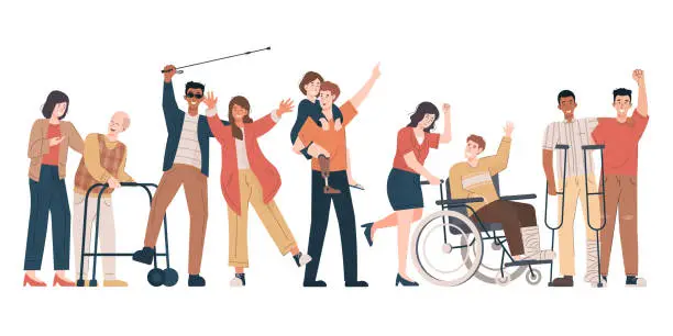 Vector illustration of Happy disabled people with their friends and family. Blind man, girl with prosthetic leg, old man with walker, people with wheelchair and crutches