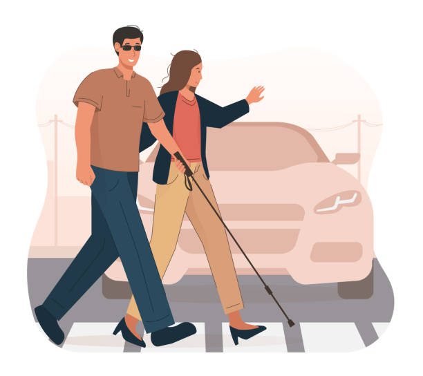 道路を横断する盲目の男を助ける若い女性 - physical therapy点のイラスト素材／クリップアート素材／マンガ素材／アイコン素材