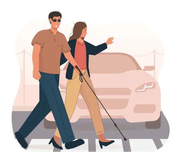 Vector illustration of Young woman helping blind man crossing the road