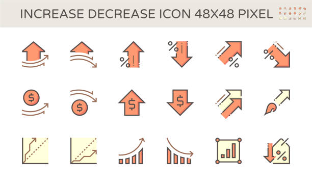 illustrazioni stock, clip art, cartoni animati e icone di tendenza di aumenta la diminuzione e il design del set di icone del vettore freccia, tratto perfetto e modificabile di 48x48 pixel. - red tag sale illustrations