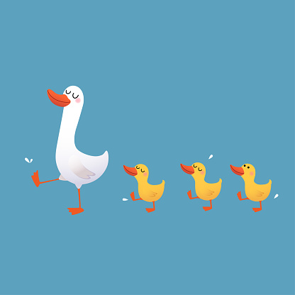 Vector illustration of a cartoon mother duck and her ducklings walking on blue background.