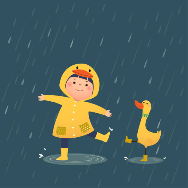 ilustraciones, imágenes clip art, dibujos animados e iconos de stock de ilustración vectorial de una niña feliz con impermeable de pato con capucha amarilla y botas de goma jugando a la lluvia con el pato en un día lluvioso. - puddle