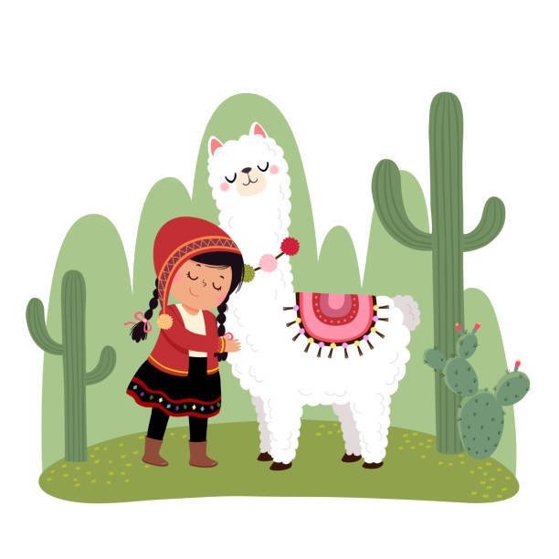 ilustrações de stock, clip art, desenhos animados e ícones de vector illustration of a little peruvian girl and her alpaca with cacti. - beautiful friendship wildlife nature