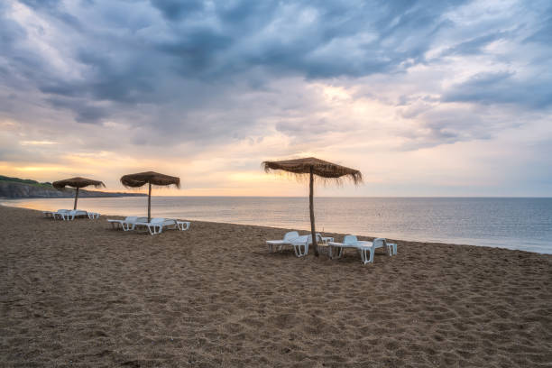 istock Straw sunshades and sunbeds on the empty sandy beach 1256064106