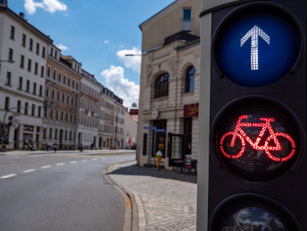 istock Bicycle traffic light stands on red in the city 1256067200