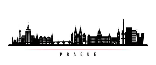 prag skyline horizontale banner. schwarz-weiße silhouette von prag, tschechische republik. vektorvorlage für ihr design. - prag stock-grafiken, -clipart, -cartoons und -symbole