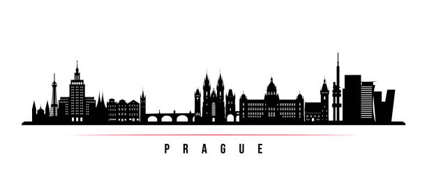 illustrations, cliparts, dessins animés et icônes de bannière horizontale d’horizon de prague. silhouette noire et blanche de prague, république tchèque. modèle vectoriel pour votre conception. - prague czech republic church skyline