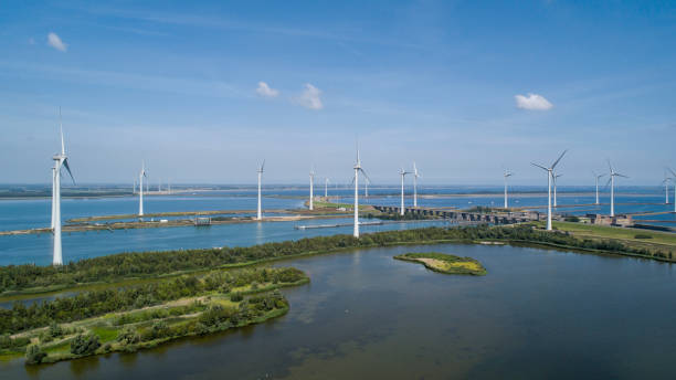 istock Wind turbine from aerial view, Drone view at windpark krammersluizen 1256071522
