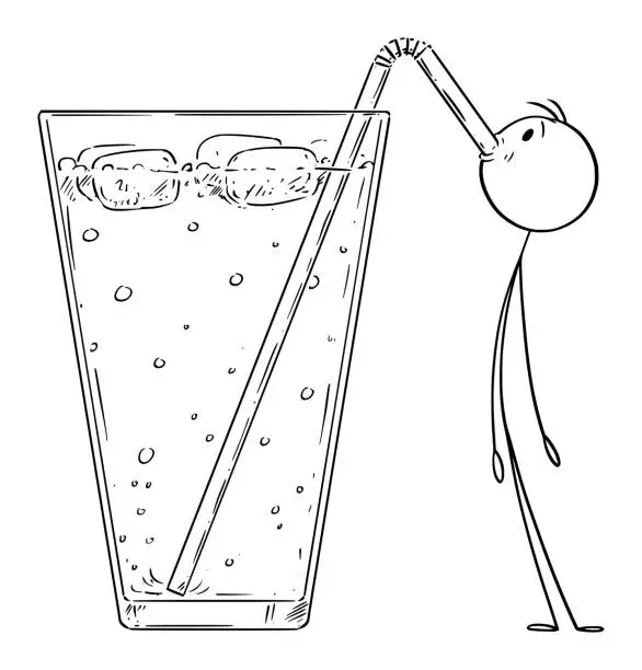 Vector illustration of Vector Cartoon Illustration of Small Stick Man Drinking Cold Lemonade or Drink With Straw