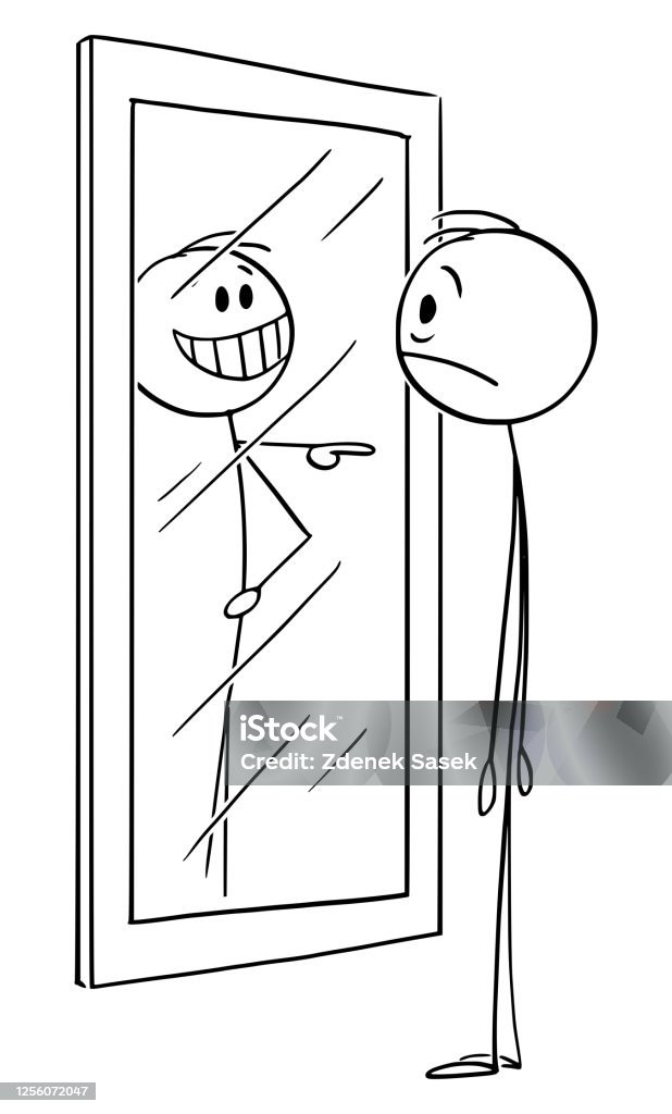 Vector Cartoon Illustration Of Frustrated Man With Low Confidence Or Self  Esteem Looking At Mirror His Reflection Is Laughing Him Stock Illustration  - Download Image Now - iStock
