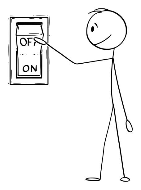 vektor-cartoon-illustration des mannes oder geschäftsmann bereit, den push zu wechseln oder drücken sie auf aus-taste - push button off stock-grafiken, -clipart, -cartoons und -symbole