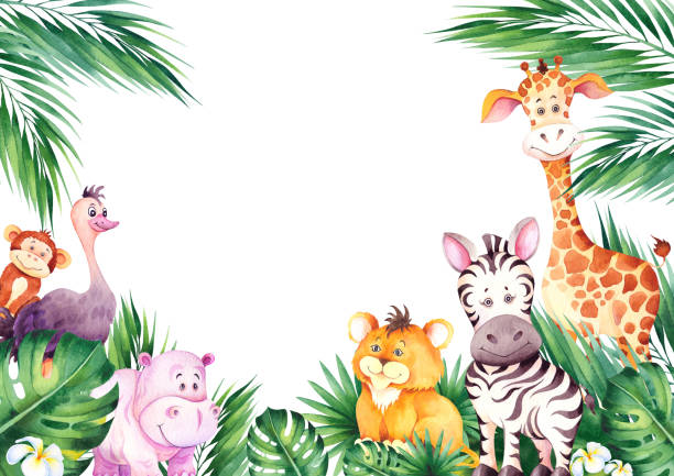 Watercolor Frame With Cute African Cartoon Animals Stock Illustration -  Download Image Now - iStock