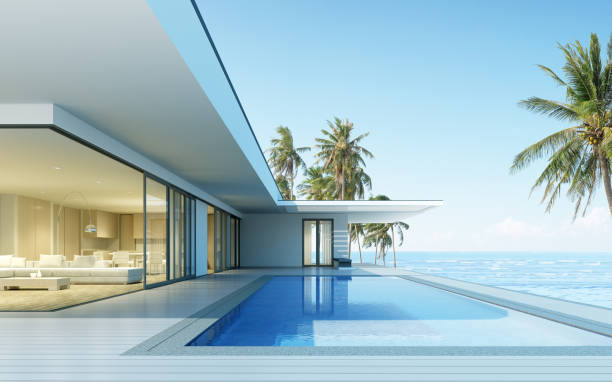 海の背景にスイミングプールを持つモダンな家の視点, エクステリア.3d レンダリング - business travel luxury indoors plant ストックフォトと画像