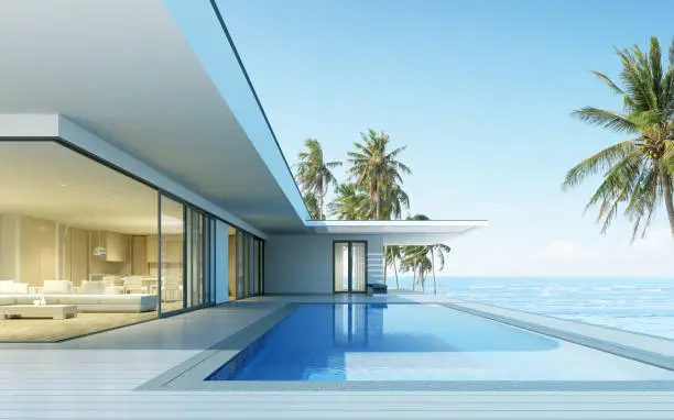Photo of Perspective of modern house with swimming pool on sea background, Exterior. 3d rendering
