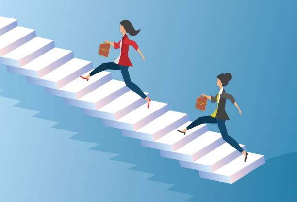 ilustraciones, imágenes clip art, dibujos animados e iconos de stock de salta y corre para alcanzar el éxito. las mujeres valientes compiten en la escalera para alcanzar la meta. ilustración vectorial. - businesswoman winning competition staircase