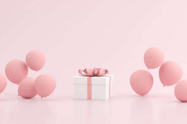 Photo of Mock up of gift box and balloons in minimal style. 3D rendering.