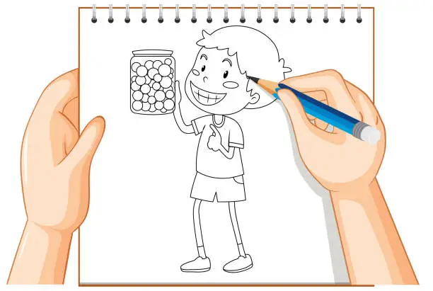 Vector illustration of Hand writing of boy holding candy jar outline