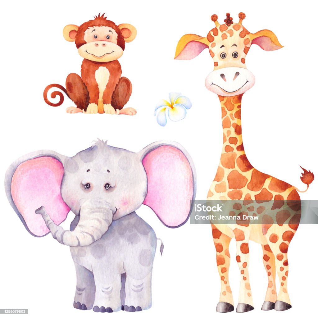 Little Giraffe Elephant And Monkey African Cartoon Animal Cubs Stock  Illustration - Download Image Now - iStock