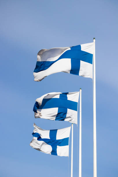 istock Three finnish national flags on the wind against the blue sky 1256079853