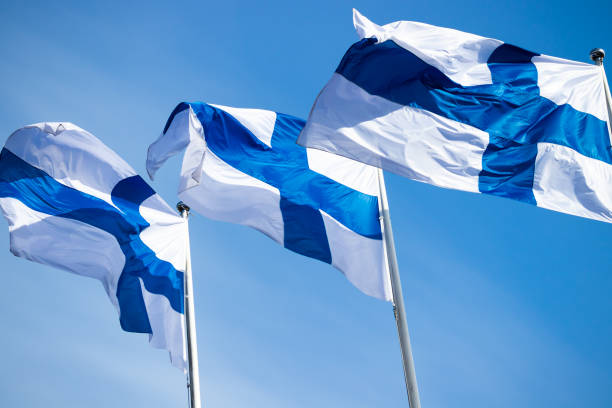 istock Three finnish national flags on the wind against the blue sky 1256079859