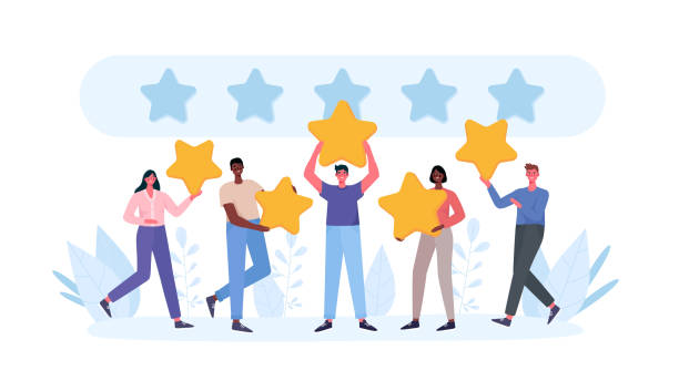 People are holding stars, giving five star Feedback. Clients choosing satisfaction rating and leaving positive review. Feedback consumer, customer review evaluation. Flat cartoon vector illustration. People are holding stars, giving five star Feedback. Clients choosing satisfaction rating and leaving positive review. Feedback consumer, customer review evaluation. Flat cartoon vector illustration. adulation stock illustrations