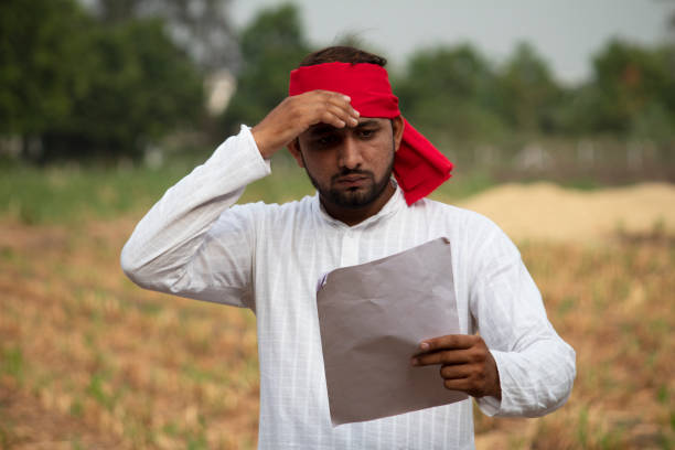 istock Stressed farmer reading contract on agricultural field 1256081228