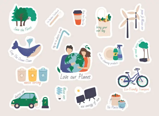 Vector illustration of Collection of ecology stickers with slogans.  Collection of zero waste reusable items or products - glass jars, eco grocery bags, thermo mug, food container, soap and shampoo bars.