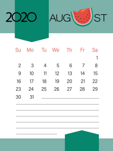 istock AUGUST 2020. Calendar template. Watermelon slice. Page. Planner diary in a minimalist style. 1256083397
