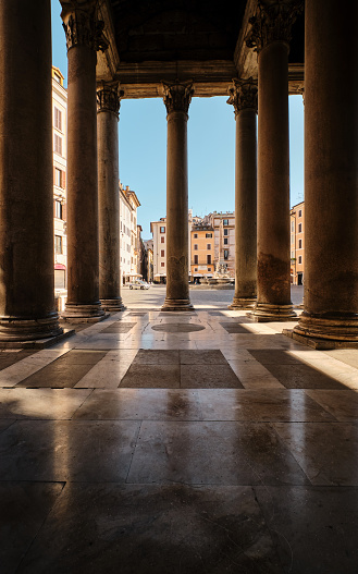 Rome, Italy - June 10, 2020: Deserted Pantheon area on pandemic lockdown. Early morning shot with very few people.