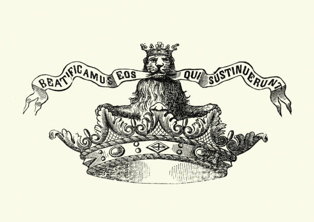 корона с коронованным львом, держащим в рот кролл - coat of arms nobility lion spain stock illustrations