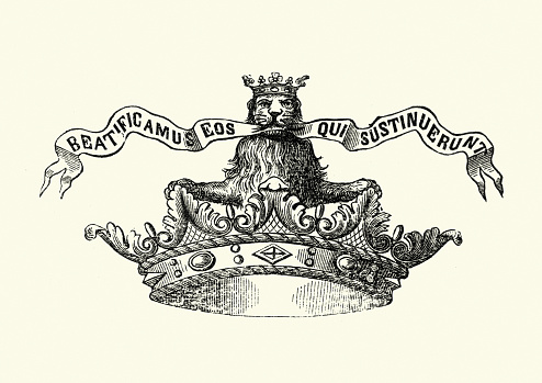 Vintage illustration of a Crown with crowned lion holding croll in its mouth