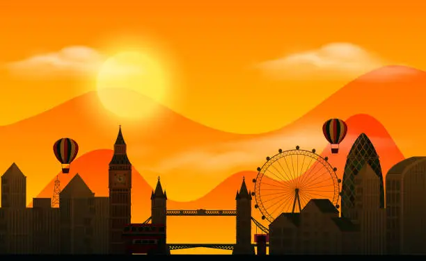 Vector illustration of Background scene with sunset and silhouette buildings in the city