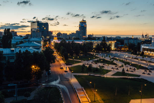 istock Evening Voronezh skyline. Aerial view of Soviet square 1256088159