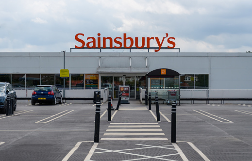 Newbury, United Kingdom - June 09 2020:  The car park entry to the branch of Sainsbury's supermarket on Kings Road