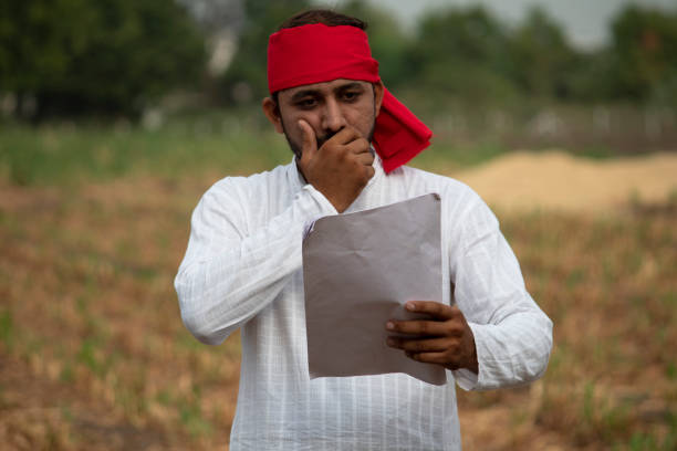 istock Stressed farmer reading contract on agricultural field 1256093070