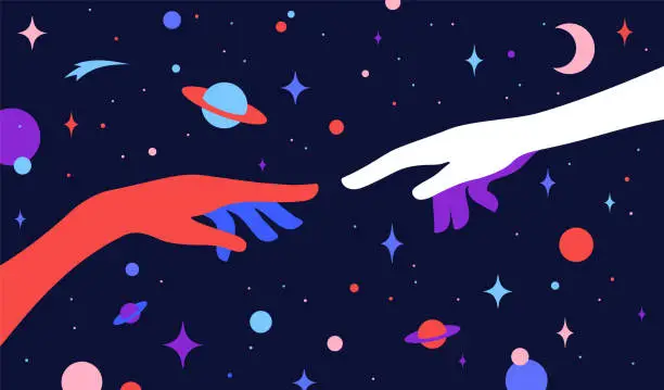 Vector illustration of Two hands. The Creation of Adam