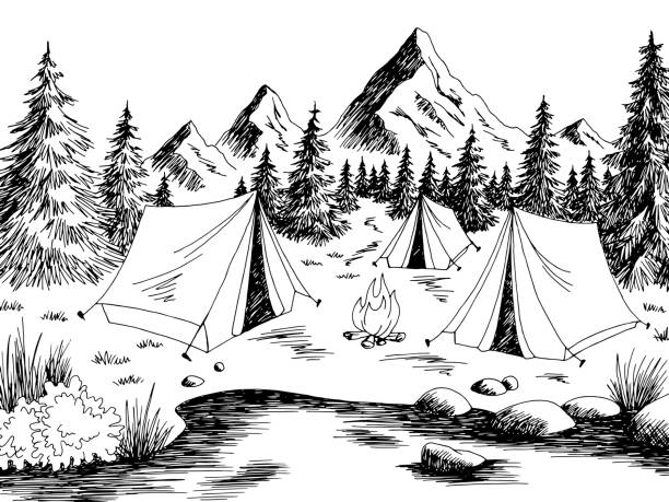 Camping graphic black white mountain landscape sketch illustration vector Camping graphic black white mountain landscape sketch illustration vector camping drawings stock illustrations